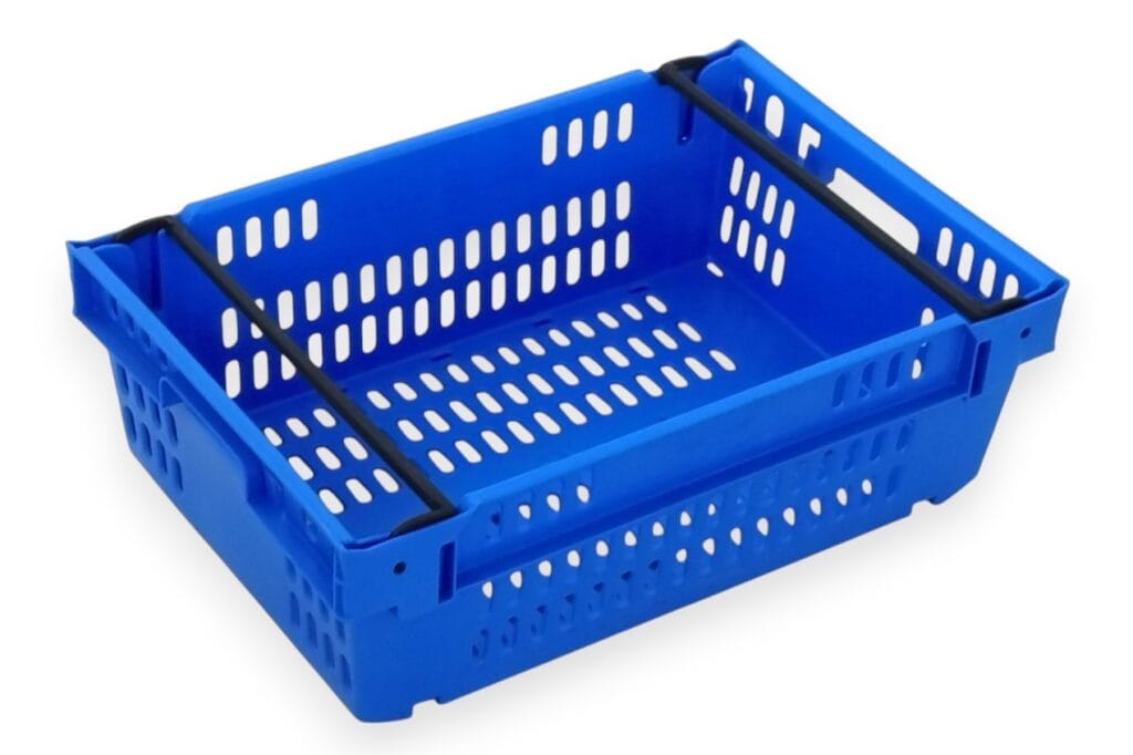 Caja de plástico rejada, encajable y apilable sobre barras abatibles Ref. 1202