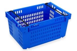 Caixa de plástico fundo fechado, lados gradeados, encaixável em vazio e empilhável sobre arcos Ref. 1303