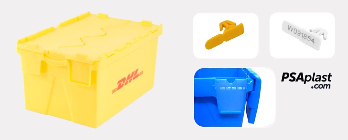 Cajas de plástico amarillas con tapas integradas en DHL distribución